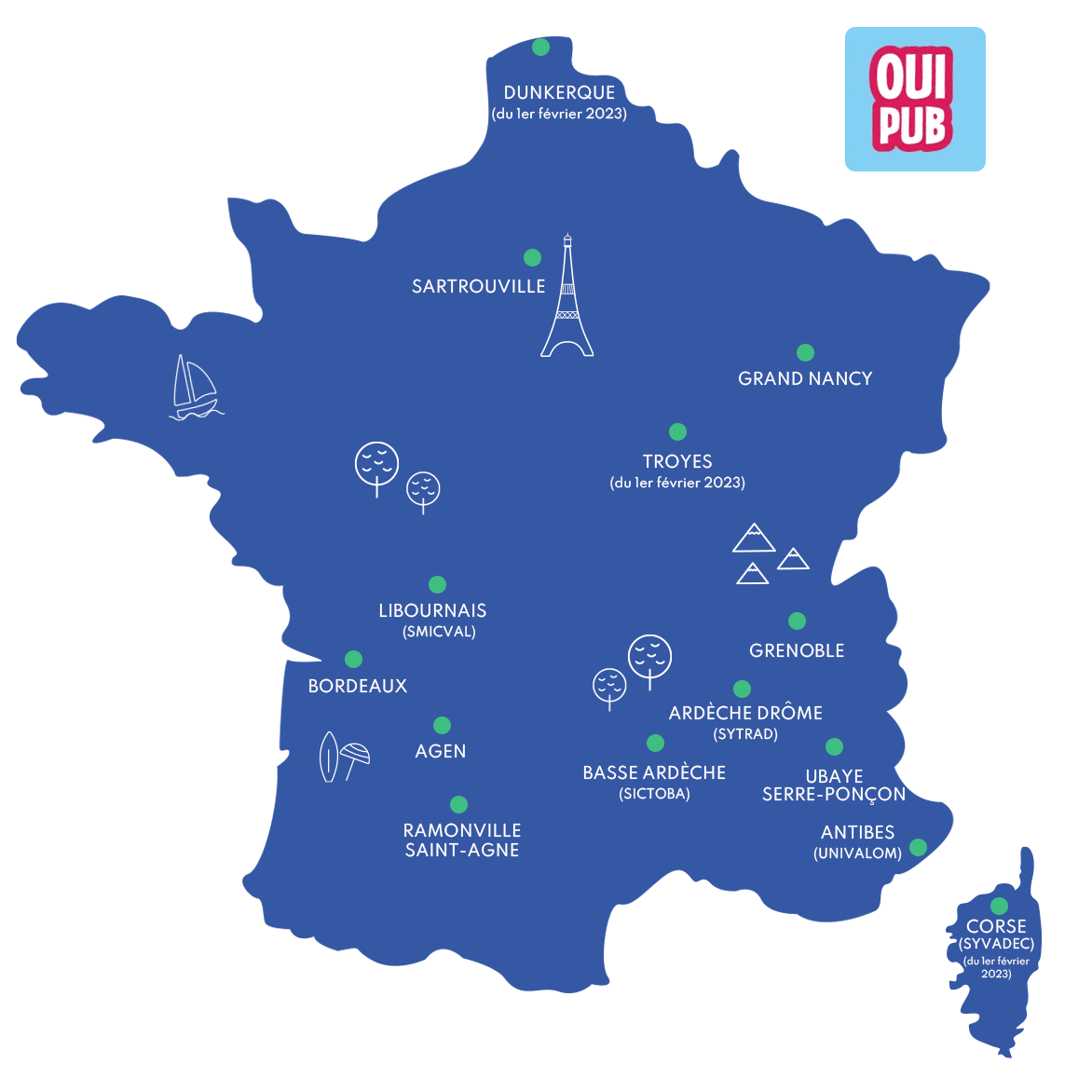 Carte de France des régions participantes au Oui Pub